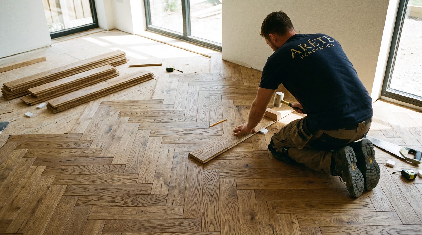 Arete Renovation installer laying herringbone hardwood flooring
