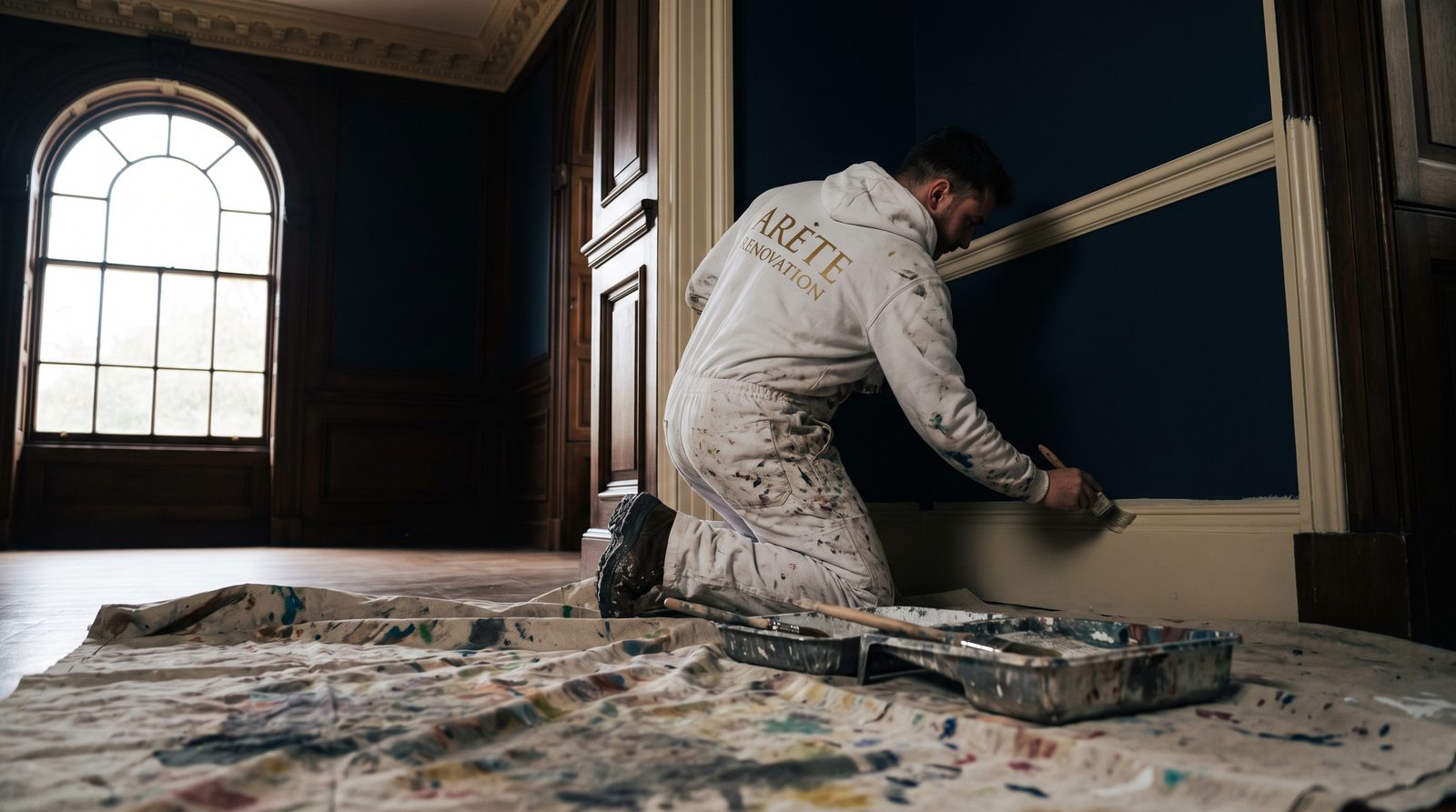 Arete Renovation painter applying premium finish to trim in a navy feature room